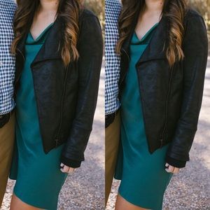 Silky emerald cowl neck dress with spaghetti straps.